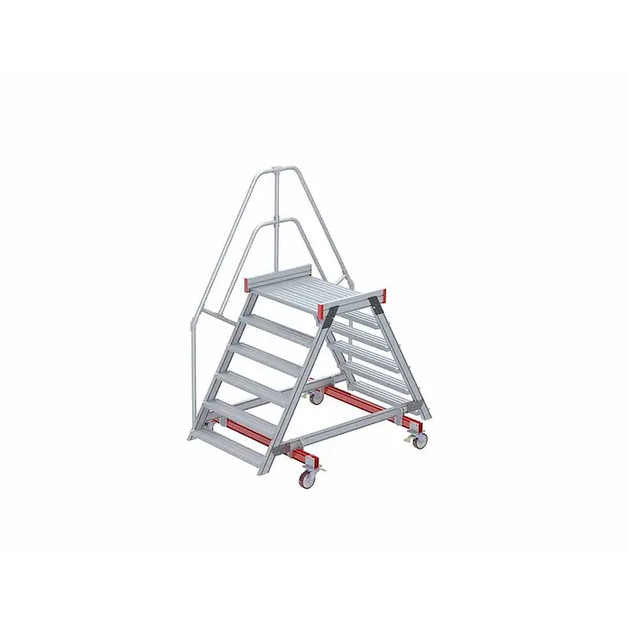 Euroline Treppenpodest 512 mobiler Überstieg 60° Stufenausführung Alu gerieft Stufenbreite 1000 -  - Mobile Aluminium-Arbeitsplattform mit Stufen, Handläufen, roten Akzenten und Lenkrollen für sicheren Höhenzugang.