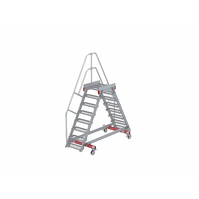 Euroline Treppenpodest 512 mobiler Überstieg 60° Stufenausführung Stahl Gitterrost Stufenbreite -  - Mobile silberne Aluminium-Arbeitsplattform mit beidseitigen Stufen, Handläufen und rot akzentuierten Rollen.