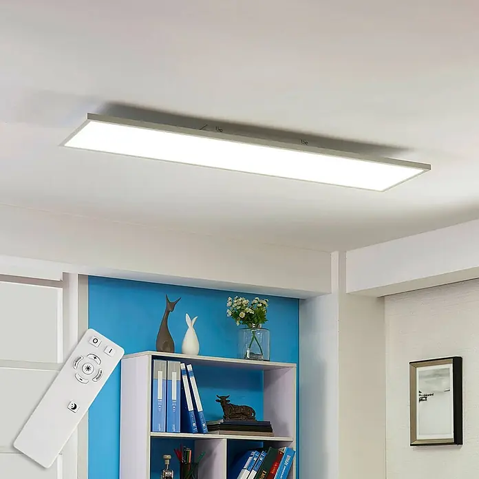 Arcchio LED-Panel Philia - L x B x H: 120 x 30 x 5,5 cm, weiß / opal, weiß / opal - Rechteckige LED-Deckenleuchte mit grauem Rahmen, die einen Raum beleuchtet, zusammen mit ihrer Fernbedienung für Helligkeit und Modi.