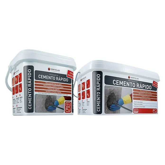 Gecol Cemento rápido Mortelan - 4,5 kg - Dos envases de cemento rápido Mortelan, uno de 1,5 kg y otro de 4,5 kg, ideales para reparaciones rápidas y sellados.