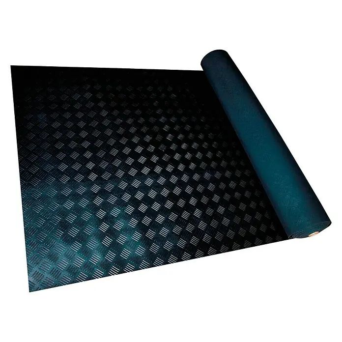 Pavimento de goma Checker - L x An: 1,2 x 2 m, Negro, Caucho - Alfombra de goma negra enrollada con patrón de diamante para pisos, ideal para áreas industriales y comerciales.