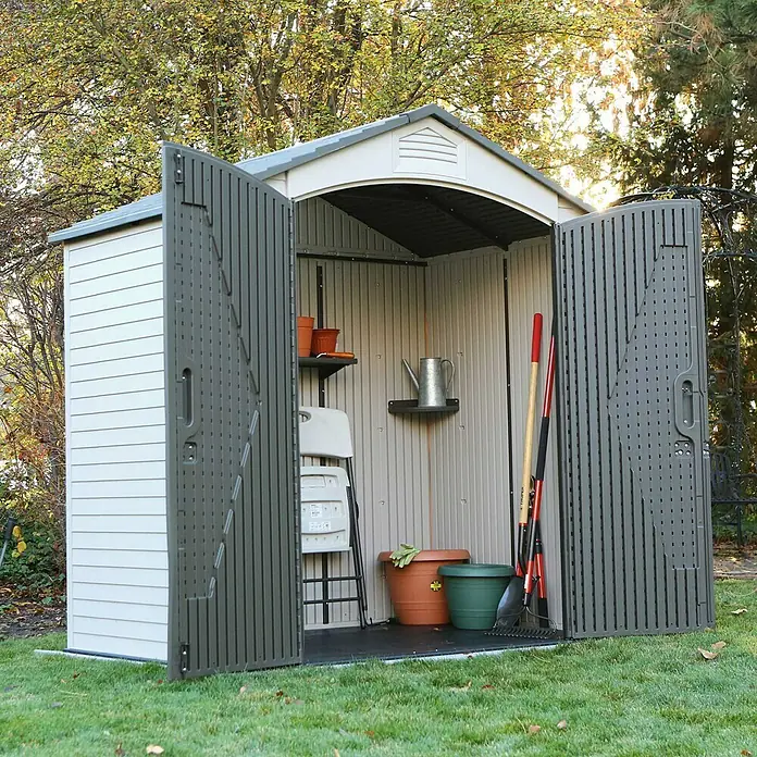 Lifetime Gerätehaus Starlet - 215 cm, 140 cm, Kunststoff, Anthrazit/Grau - Gartenschuppen aus Kunststoff mit offenstehenden Türen, der Platz für Gartengeräte und Zubehör bietet. Ideal für die Aufbewahrung im Freien.