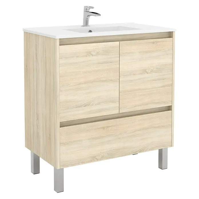 Mueble bajo de lavabo Isla - An x Pr x Al: 80 x 45,5 x 86,8 cm, Roble claro - Un mueble de baño con acabado de madera clara y patas cromadas ofrece un almacenamiento elegante para el baño.