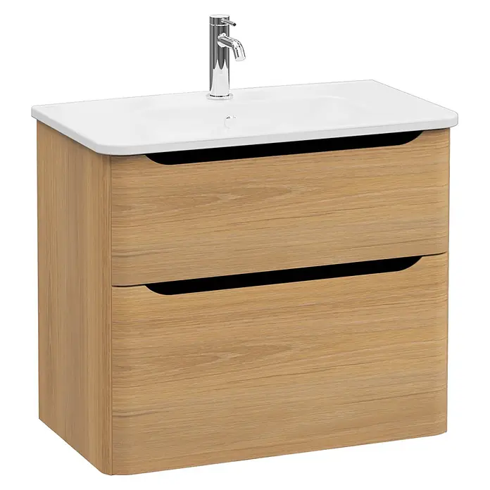 VitrA Integra Round Badmöbel-Set - Gesamtbreite Badmöbel: 80 cm, Eiche Gold - Rechteckiger Waschtischunterschrank aus hellem Holz mit weißem Keramikbecken und Chromarmatur, zwei Schubladen mit integrierten Griffen.