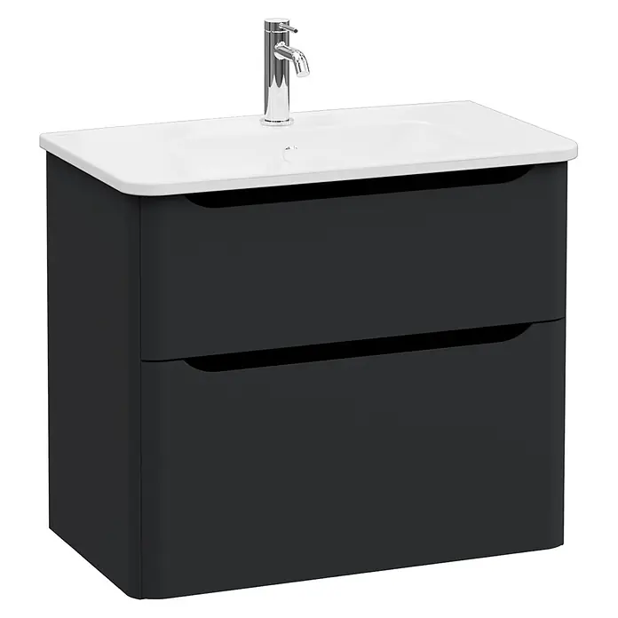 VitrA Integra Round Badmöbel-Set - Gesamtbreite Badmöbel: 80 cm, Graphit, Matt - Dunkelgrauer Badunterschrank mit zwei Schubladen, integriertem weißen Keramikwaschbecken und Chromarmatur.