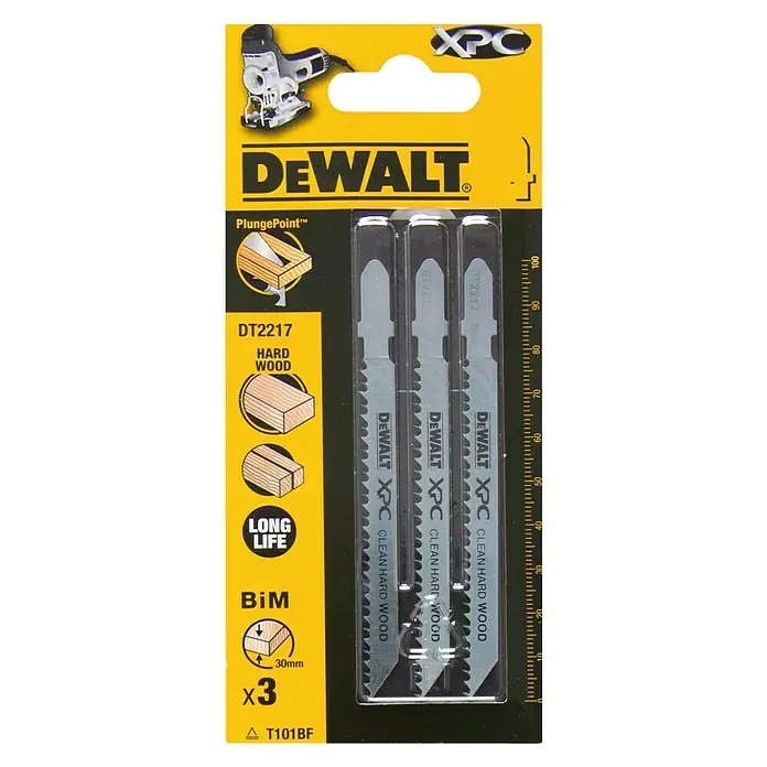 DeWalt Hoja de sierra de calar DT2217-QZ - 3 pzs. - Imagen de las hojas de sierra de calar DEWALT DT2217 XPC, ideales para cortes limpios en madera dura, con larga vida útil y tecnología PlungePoint™.