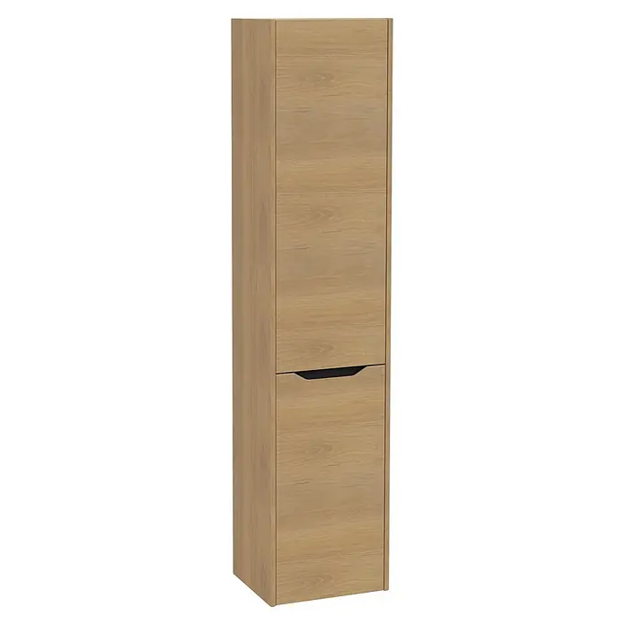 VitrA Hochschrank Integra Square - B x T x H: 40 x 37 x 180 cm, Eiche Gold, Inklusive 3 Glasböden und Wäscheklappe, DIN Anschlag: Rechts - Hoher Schrank aus heller Eiche mit oberer Tür und unterem Fach mit integriertem schwarzem Griff.
