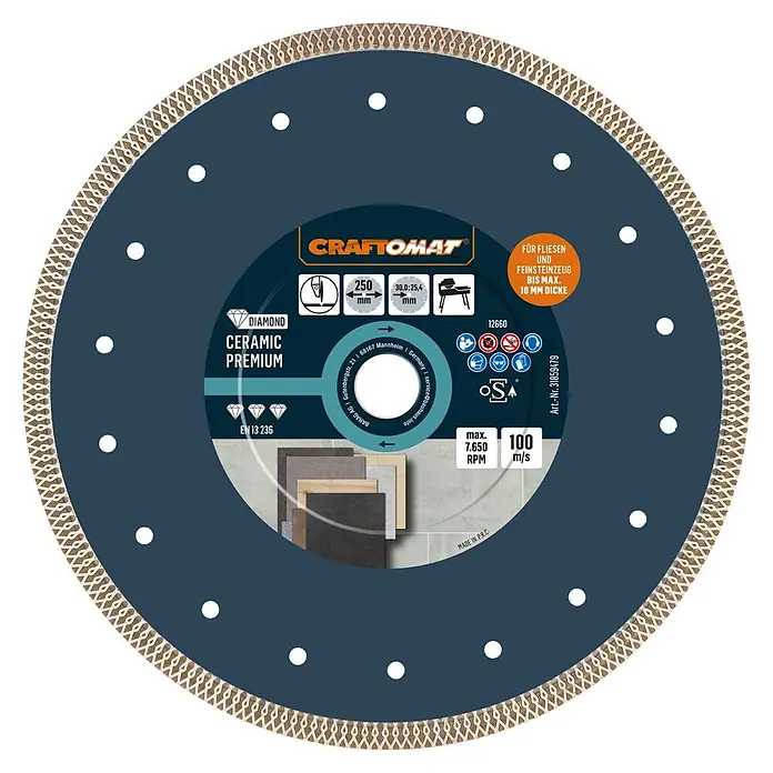 Craftomat Diamant-Trennscheibe Ceramic Premium - Durchmesser Scheibe: 250 mm, Bohrung: 25,4 mm - 30 mm - Dunkelblaue Craftomat Diamanttrennscheibe, 250mm, für Keramik- und Feinsteinzeugfliesen bis 10mm dick.