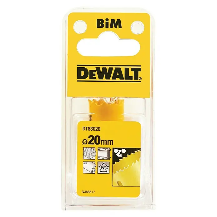 DeWalt Broca de taladro DT83 - 1 ud., Diámetro de la broca: 20 mm - Primer plano de una sierra de corona DeWalt DT83020 de 20 mm, envasada en plástico amarillo, perfecta para taladrar con precisión madera, metal y plástico.