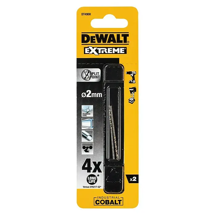 DeWalt Broca para metal DT4900-QZ - Diámetro de la broca: 2 mm - Paquete de brocas DeWalt Extreme DT4900, 2 mm Cobalto industrial, juego de 2 piezas para acero, inoxidable y más.
