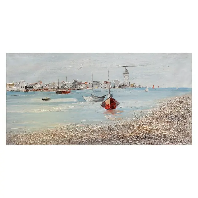 Cuadro pintado a mano Dipinto Boat on the shore - Barca en la orilla, An x Al: 120 x 60 cm - Pintura al óleo de una escena costera con barcos y un faro al fondo, pintada en colores suaves y pastel.