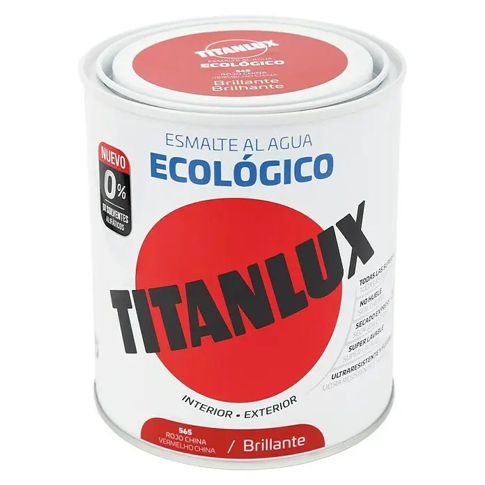 Titanlux Esmalte de color Eco - Rojo China, Brillante, 750 ml, Base de agua - Bote de pintura al agua Titanlux Ecologico en rojo, ideal para interiores y exteriores, ecológica y de gran cobertura.