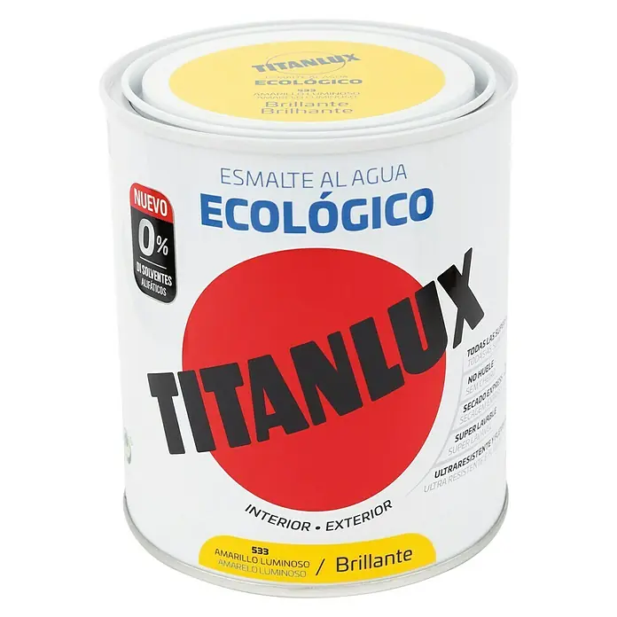 Titanlux Esmalte de color Eco - Amarillo luminoso, Brillante, 750 ml, Base de agua - Bote de esmalte al agua Titanlux, ecológico, en amarillo luminoso para interior/exterior. Pintura de alta calidad para aplicaciones versátiles.