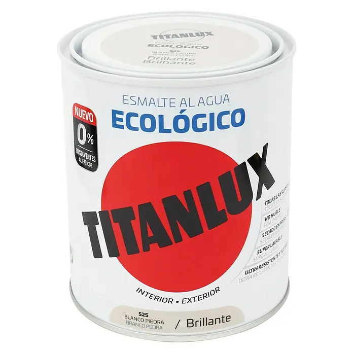 Titanlux Esmalte de color Eco - Blanco piedra, Brillante, 750 ml, Base de agua - Bote de esmalte al agua Titánlux, ecológico, color Blanco Piedra / Brillant, para interiores y exteriores.