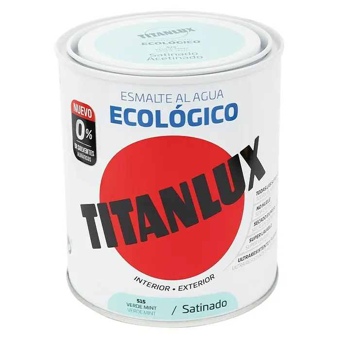 Titanlux Esmalte de color Eco - Verde mint, Satinado, 750 ml, Base de agua - Bote de pintura al agua Titanlux Ecologico en verde menta, apto para interiores y exteriores, ecológico con acabado satinado.