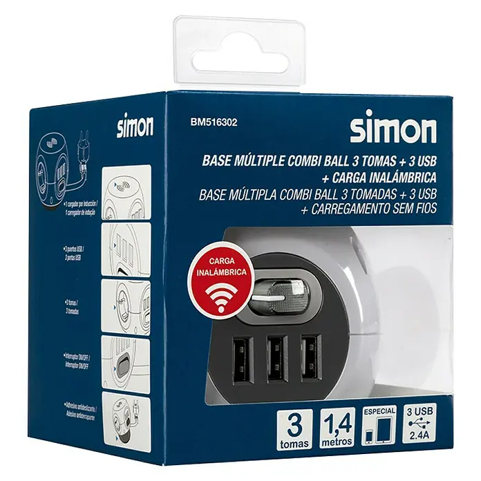 Simon Bola de enchufes con USB + carga inalámbrica Combi Ball - x 3, Blanco, 1,4 m, IP20 - Embalaje del producto para una toma múltiple Simon con 3 puertos USB y función de carga inalámbrica.