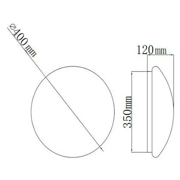 Trio Lighting Plafón LED redondo Putz - 15 W, Ø x Al: 40 x 10 cm, Blanco, Blanco cálido - Dibujo técnico de una lámpara de pared redonda, con un diámetro de 400 mm, una profundidad de 120 mm y una altura de 350 mm.