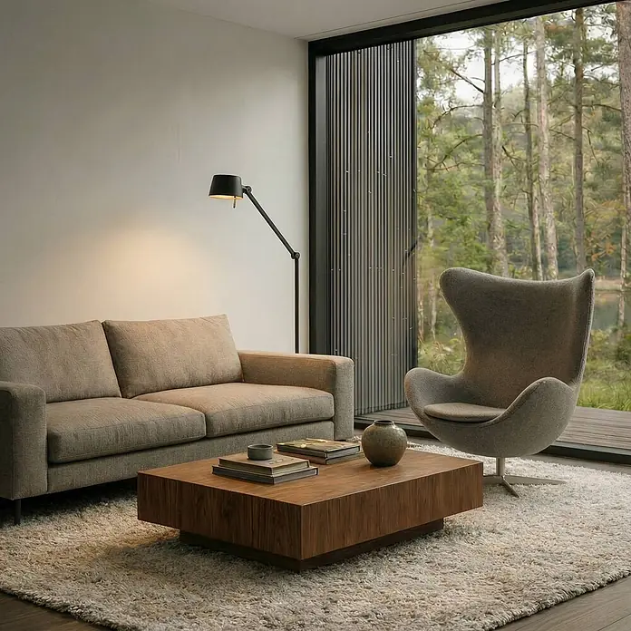 Lucande Stehleuchte Silka - schwarz, schwarz, E27 - Modernes Wohnzimmer mit beigem Sofa, grauem Sessel und Holztisch auf einem Teppich, mit Waldblick.