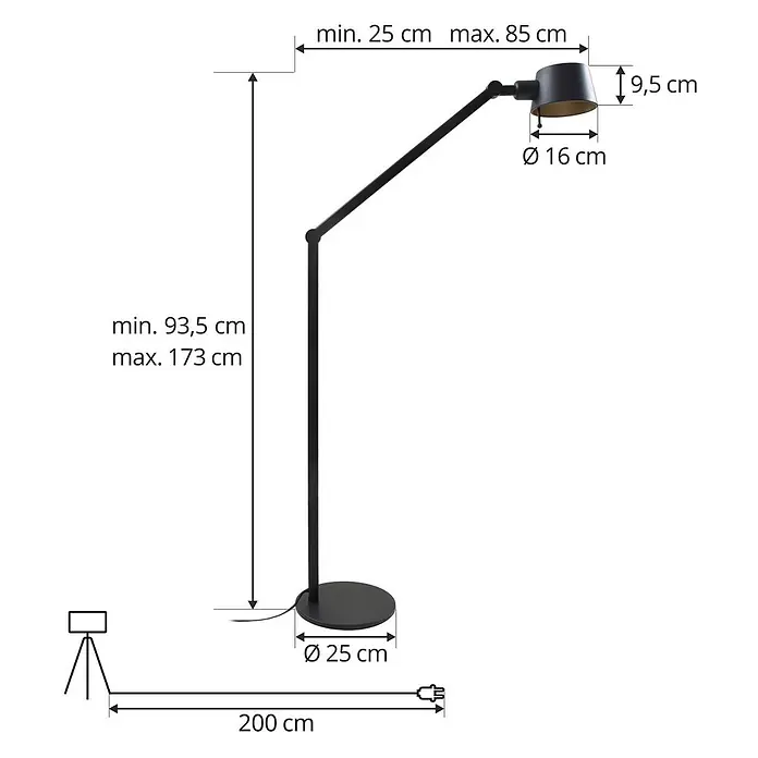 Lucande Stehleuchte Silka - schwarz, schwarz, E27 - Schwarze, verstellbare Stehleuchte mit rundem Sockel und flexiblem Arm.