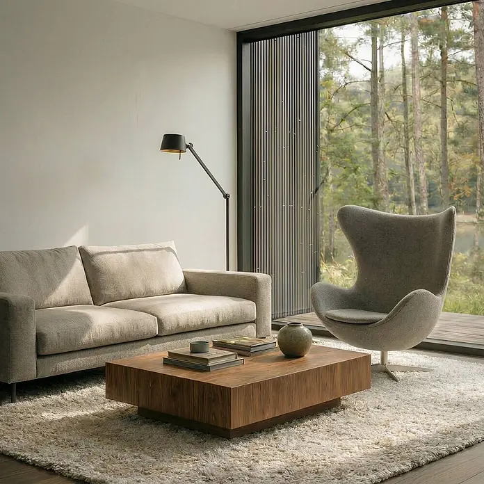 Lucande Stehleuchte Silka - schwarz, schwarz, E27 - Niedriger quadratischer Couchtisch aus Holz auf einem flauschigen Teppich, mit Büchern und Vase, in einem modernen Wohnzimmer.