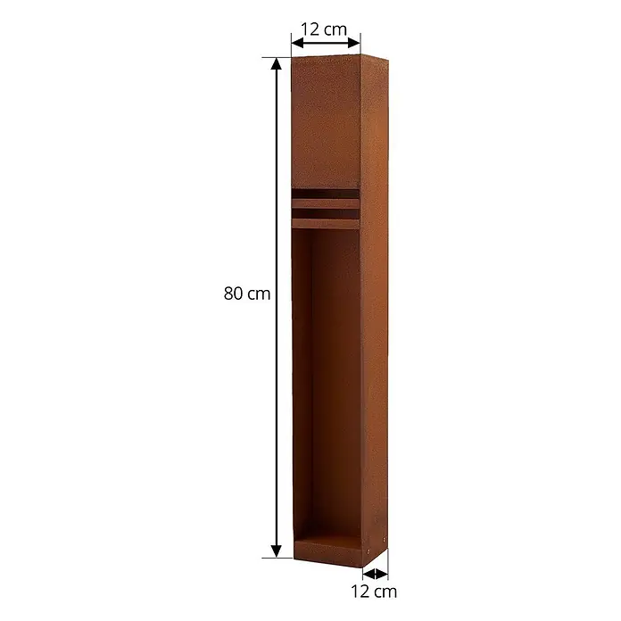 Lucande Außenlaterne Oxido -  - Hoher, rostbrauner Metallpfeiler (80x12x12 cm) mit rechteckiger Aussparung und dekorativen Querlinien.