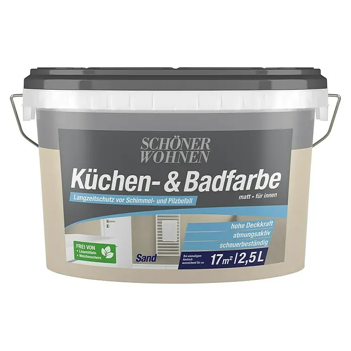 SCHÖNER WOHNEN-Farbe Bad- & Küchenfarbe - Sand, 2,5 l, Matt - Eimer Küchen- und Badfarbe „Sand“ von SCHÖNER WOHNEN mit Langzeitschutz vor Schimmel und Pilzbefall, matt für Innenräume und scheuerbeständig.