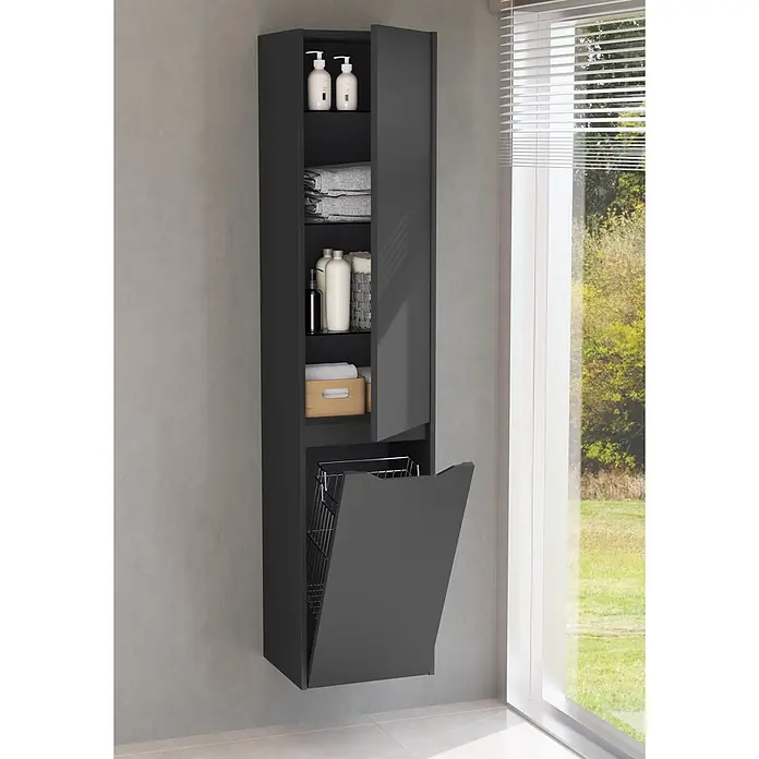 VitrA Hochschrank Integra Square - B x T x H: 40 x 37 x 180 cm, Graphit, Inklusive 3 Glasböden und Wäscheklappe, DIN Anschlag: Links - Dunkelgrauer Hochschrank fürs Bad mit offenen Ablagefächern und integriertem Kippwäschekorb, neben einem Fenster.