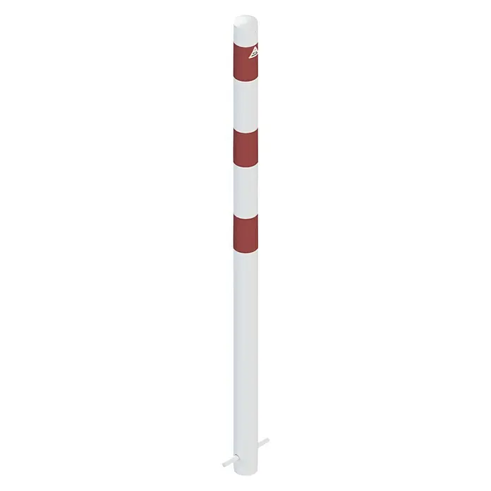 Schake Sperrpfosten - Ø x H: 60 x 1.300 mm, Stahl, Einbetonieren, Weiß/Rot, Ohne Öse - Pfosten, weiß mit roten Streifen, als Warnhinweis. Ideal für Verkehrsbereiche oder Parkplätze.