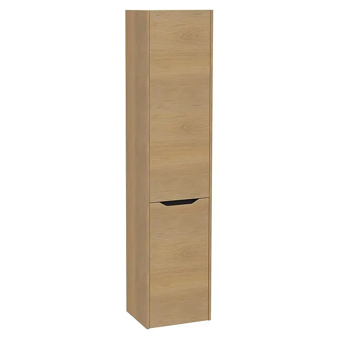 VitrA Hochschrank Integra Square - B x T x H: 40 x 37 x 180 cm, Eiche Gold, Inklusive 3 Glasböden und Wäscheklappe, DIN Anschlag: Links - Hoher Schrank aus hellem Holz mit einer Tür und einer Schublade mit integriertem schwarzem Griff.