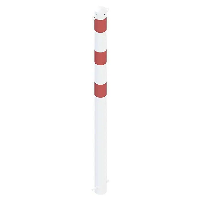 Schake Sperrpfosten - Ø x H: 76 x 1.400 mm, Stahl, Einbetonieren, Weiß/Rot, 2 Ösen - Pfosten: Ein weißer Pfosten mit roten Streifen zur Absperrung von Bereichen, ideal für öffentliche Plätze.
