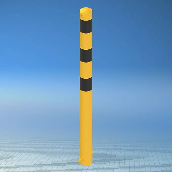 Schake Sperrpfosten - Ø x H: 89 x 900 mm, Stahl, Einbetonieren, Gelb/Schwarz - Ein gelber Pfosten mit schwarzen Streifen, der zur Absicherung von Bereichen dient. Ideal für Parkplätze oder Baustellen.