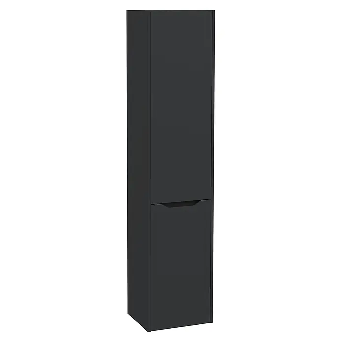 VitrA Hochschrank Integra Square - B x T x H: 40 x 37 x 180 cm, Graphit, Inklusive 3 Glasböden und Wäscheklappe, DIN Anschlag: Links - Hoher, dunkelgrauer Schrank mit zwei Türen, die untere mit integriertem Griff.