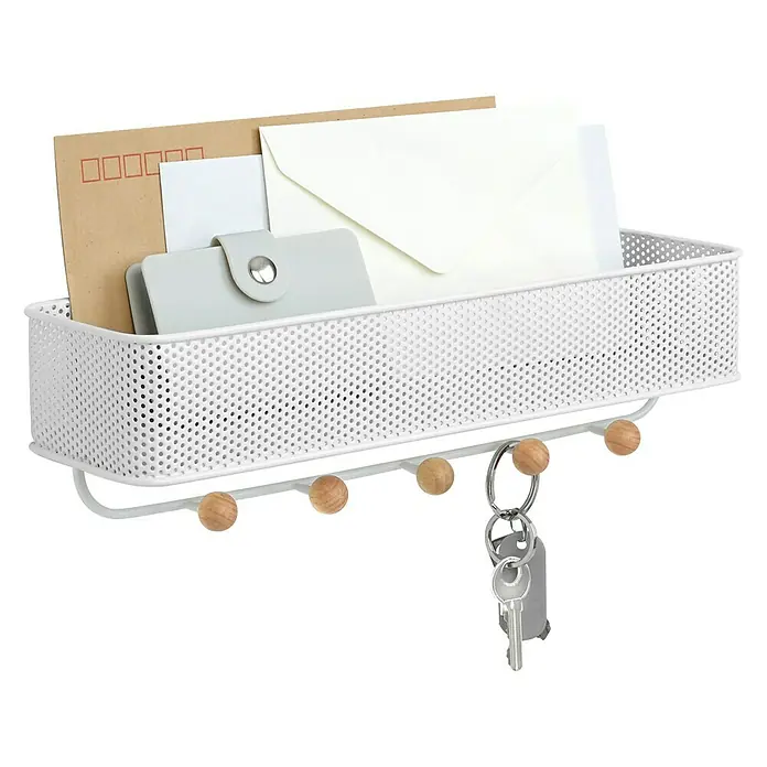Umbra Schlüsselbrett Estique - L x B x H: 32 x 9,5 x 9,5 cm, Anzahl Haken: 5 Stk., Weiß - Weiße Metallwandablage mit hölzernen Knöpfen zum Aufhängen von Schlüsseln, ideal zur Organisation von Post und kleinen Gegenständen.