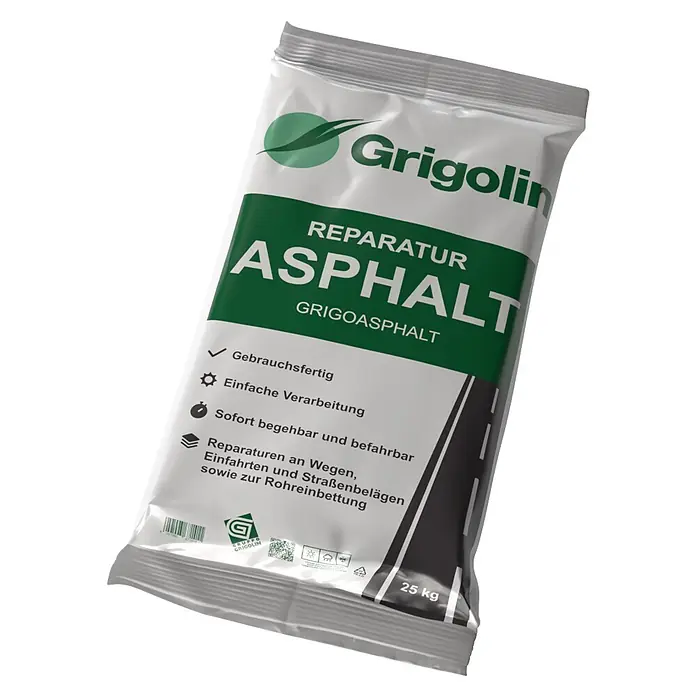 Reparatur-Asphalt - 25 kg - Weiße und grüne 25 kg Grigolin Reparatur-Asphaltmischung im Beutel.