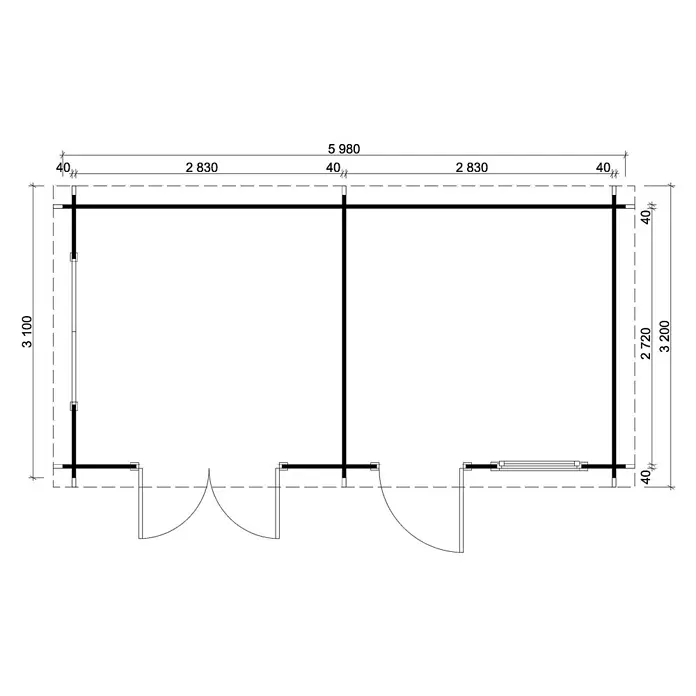 Alpholz Gartenhaus Vönix - Außenmaß inkl. Dachüberstand (B x T): 618 x 320 cm, Holz, Naturbelassen - Technischer Grundrissplan eines rechteckigen Gebäudes mit zwei Räumen, zwei Türen, einem Fenster und Gesamtmaßen von 5980x3200.