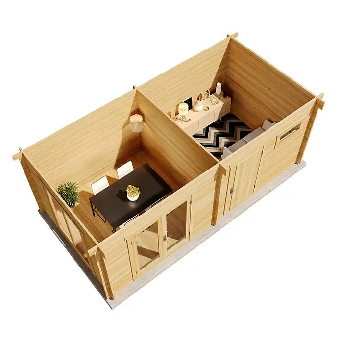 Alpholz Gartenhaus Vönix - Außenmaß inkl. Dachüberstand (B x T): 618 x 320 cm, Holz, Naturbelassen - Holz-Gartenhaus mit zwei Innenräumen: Essbereich mit schwarzem Tisch und Loungebereich mit Sofa und Teppich.