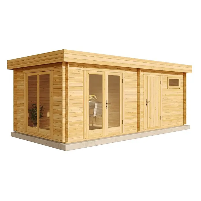 Alpholz Gartenhaus Vönix - Außenmaß inkl. Dachüberstand (B x T): 618 x 320 cm, Holz, Pinie - Helles Holzgartenhaus mit Flachdach, Glastüren und massiver Seitentür.