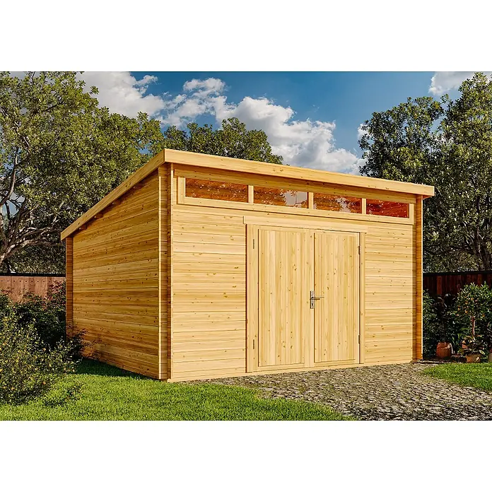 Alpholz Gartenhaus Maria Viva - Außenmaß inkl. Dachüberstand (B x T): 420 x 440 cm, Holz, Pinie - Heller Holzgeräteschuppen mit Pultdach, Oberlichtfenster und Doppeltüren in einem Garten.