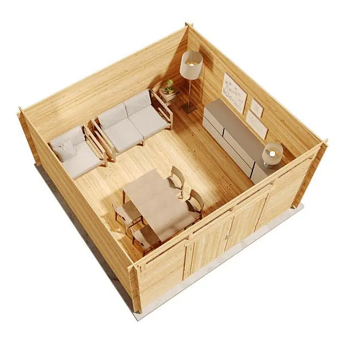 Alpholz Gartenhaus Maria Viva - Außenmaß inkl. Dachüberstand (B x T): 420 x 440 cm, Holz, Pinie - Gemütliches helles Holzhaus-Interieur mit Wohn- und Essbereich, ausgestattet mit hellbeigen Möbeln.