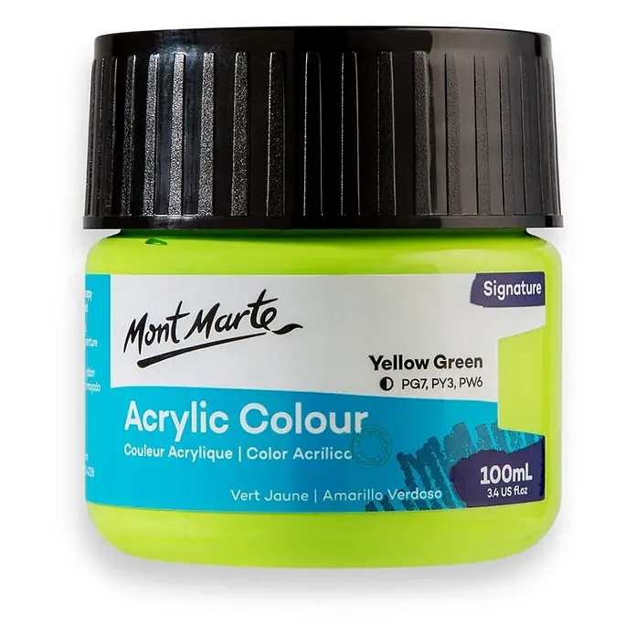 Mont Marte Acrylfarbe Signature - Gelbgrün, 100 ml, Flasche - Eine leuchtend gelb-grüne Mont Marte Acrylfarbenflasche, 100ml, mit schwarzem geripptem Verschluss.