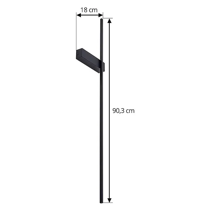 Lindby Wandleuchte Natsumi - schwarz - Schwarze moderne lineare Wandleuchte mit vertikalem Stab und horizontalem Leuchtelement. Maße sind angegeben.