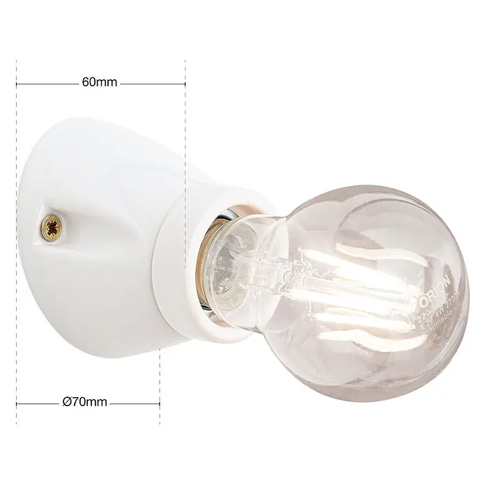 Orion Leuchten Wandleuchte - L x B x H: 7 x 7 x 6 cm, E27 - Weiße Keramik E27 Lampenfassung mit einer klaren dimmbaren LED-Birne. Sockel Ø70mm, 60mm Überstand.