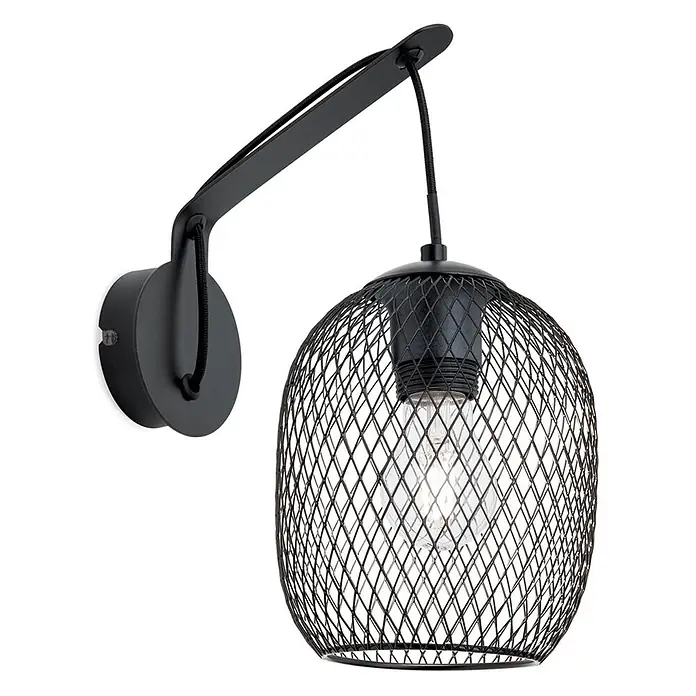 Orion Leuchten Wandleuchte - L x B x H: 24 x 15 x 30 cm, E27 - Schwarze Wandleuchte aus Metall mit verstellbarem Arm und kugelförmigem Drahtkäfigschirm, offene Glühbirne.