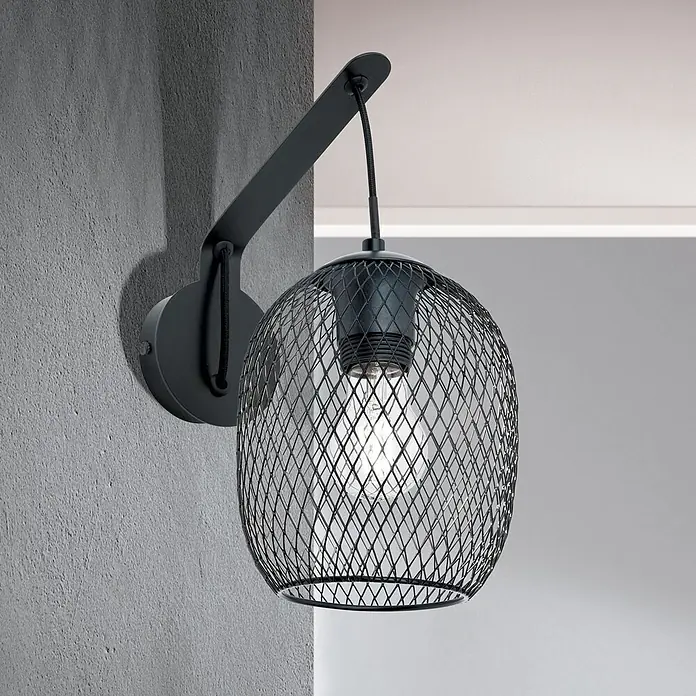 Orion Leuchten Wandleuchte - L x B x H: 24 x 15 x 30 cm, E27 - Schwarze Wandleuchte aus Metall mit Drahtgeflechtschirm und sichtbarer Glühbirne.