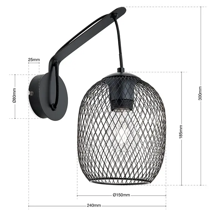 Orion Leuchten Wandleuchte - L x B x H: 24 x 15 x 30 cm, E27 - Schwarze Wandleuchte aus Metall mit schwenkbarem Arm und Drahtgeflecht-Schirm.