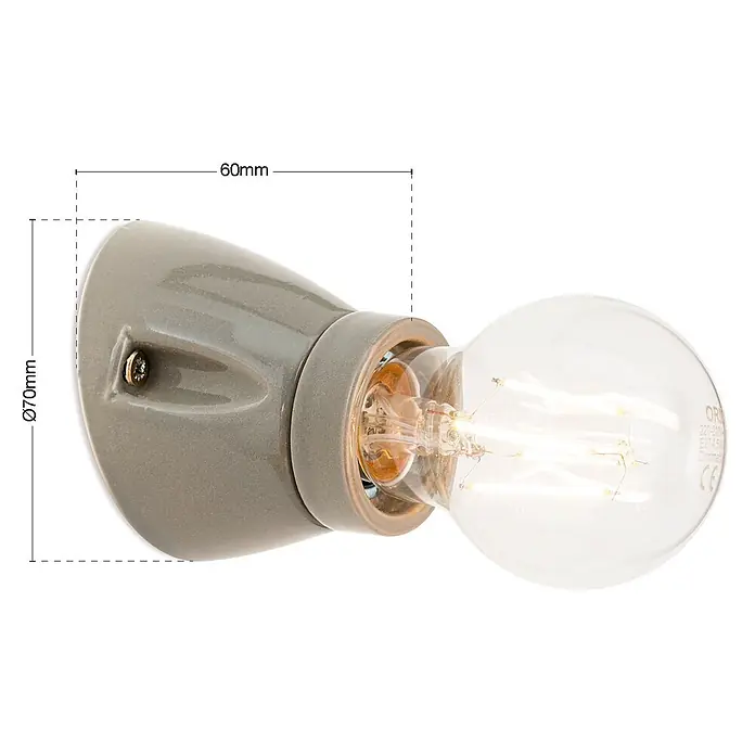 Orion Leuchten Wandleuchte - L x B x H: 7 x 7 x 6 cm, E27 - Graue Keramik-Wandleuchte mit klarer LED-Birne. Maße Ø70mm und 60mm Tiefe.