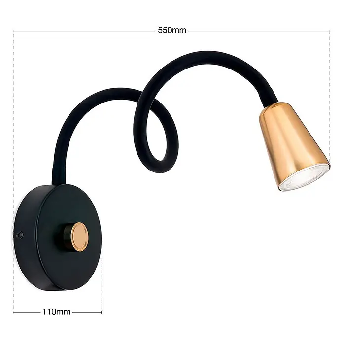 Orion Leuchten Wandleuchte - GU10 - Schwarz-goldene Wandleuchte mit flexiblem Arm und konischem Strahler.