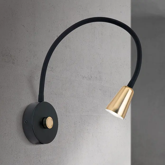 Orion Leuchten Wandleuchte - GU10 - Schwarze flexible LED-Wandleselampe mit goldfarbenem konischem Schirm.