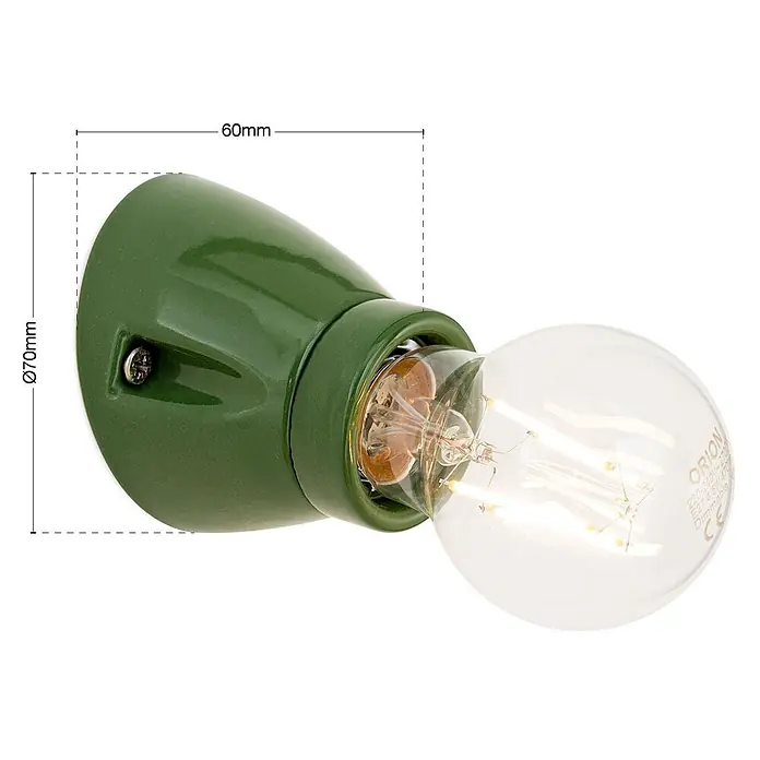 Orion Leuchten Wandleuchte - L x B x H: 7 x 7 x 6 cm, E27 - Grünes Keramik-Wandleuchtenfassung mit klarer LED-Birne, Maße Ø70mm x 60mm.