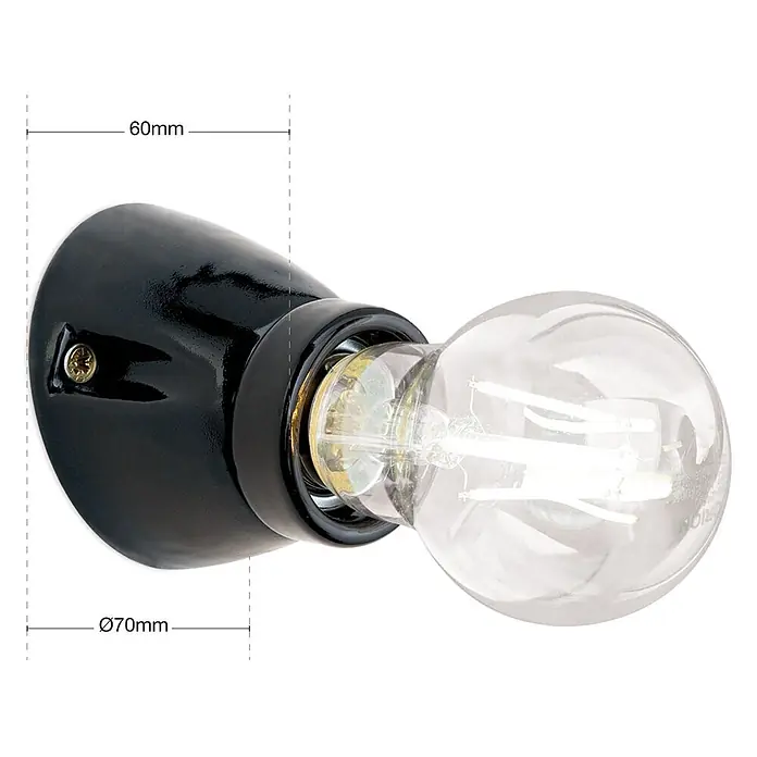 Orion Leuchten Wandleuchte - L x B x H: 7 x 7 x 6 cm, E27 - Schwarze Keramik-Wandleuchtenfassung mit klarer LED-Glühbirne, Maße angegeben.